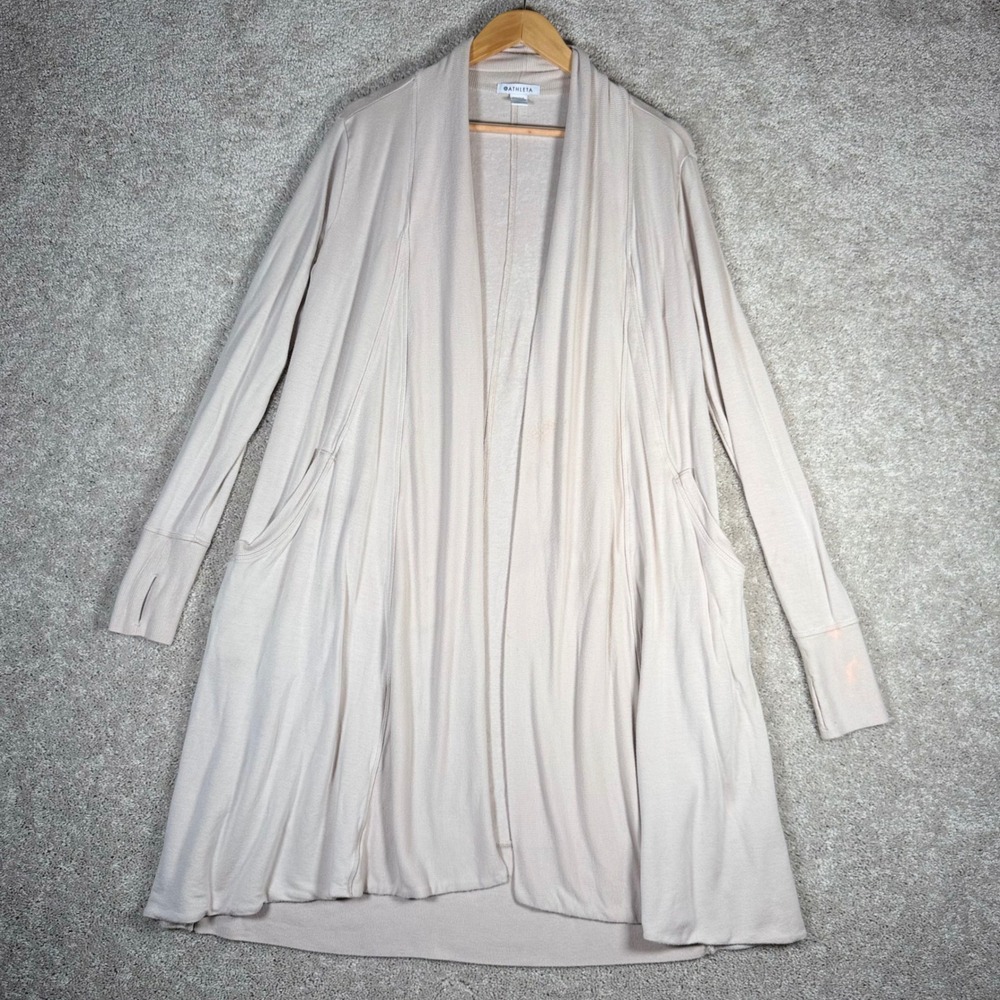 Athleta Pranayama Long Wrap Cardigan M Beige Open Front Modal Pocket READ